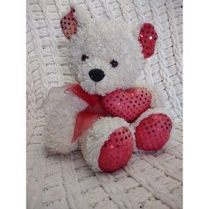 Cream Teddy Bear Plush Red Sequin Heart Bow Stuffed Animal Valentine's Day 10 in
